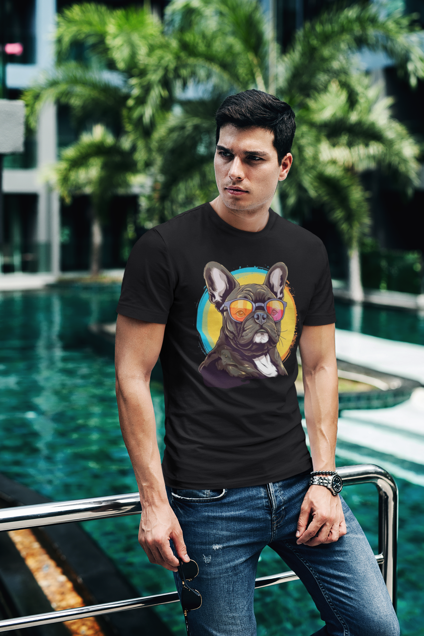 Cool French Bulldog Sunglasses Unisex Heavy Cotton Tee